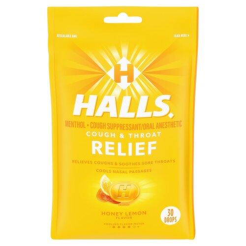 Halls Relief Honey Lemon Flavor Menthol Drops, 30 count