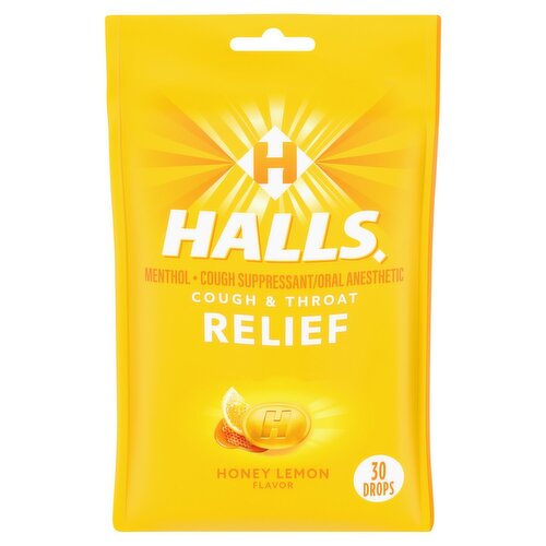 Halls Cough & Throat Relief Honey Lemon Flavor Menthol Drops, 30 count