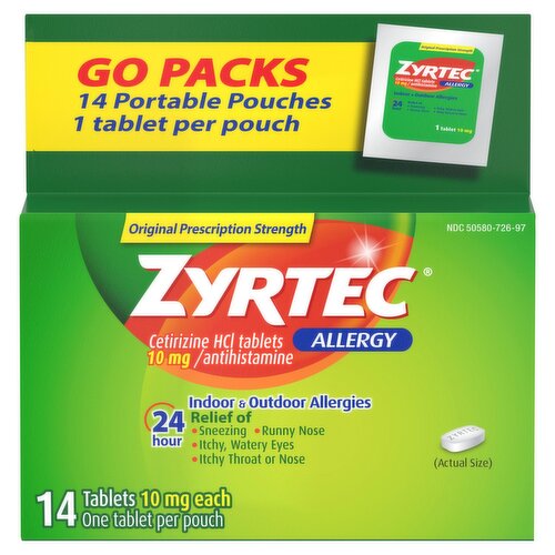 Zyrtec Original Prescription Strength Allergy Tablets Go Packs, 10 mg, 14 count