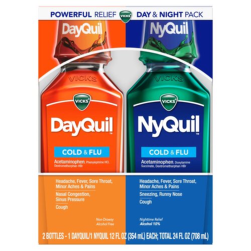 VICKS DayQuil & NyQuil Cold & Flu Non-Drowsy & Nighttime Relief Liquid, 12 fl oz