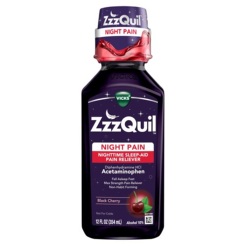 Vicks ZzzQuil Night Pain Nighttime Sleep-Aid Pain Reliever Black Cherry Liquid, 12 fl oz