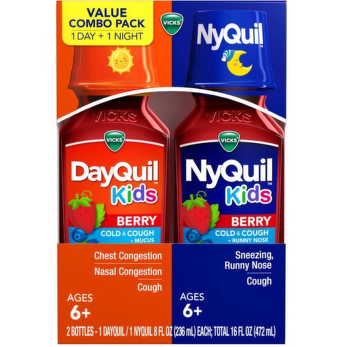VICKS DayQuil and NyQuil Kids Berry Cold & Cough Multi-Symptom Relief, For Ages 6+, 2x 8 Oz