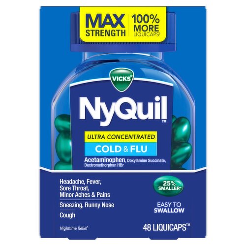 Vicks NyQuil Ultra Concentrated Max Strength Cold & Flu Nighttime Relief LiquiCaps, 48 count