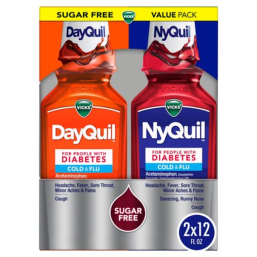 Vicks DayQuil & NyQuil Cold & Flu Sugar Free Liquid, 12 fl oz, 2 count