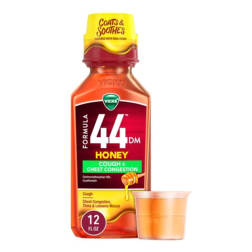 Vicks Formula 44 DM Cough & Congestion Liquid, Cough Medicine for Adults, Honey, 12 FO