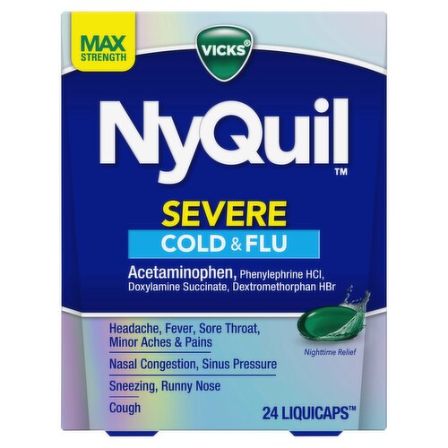  VICKS NyQuil Severe Max Strength Cold & Flu Nighttime Relief LiquiCaps, 24 count