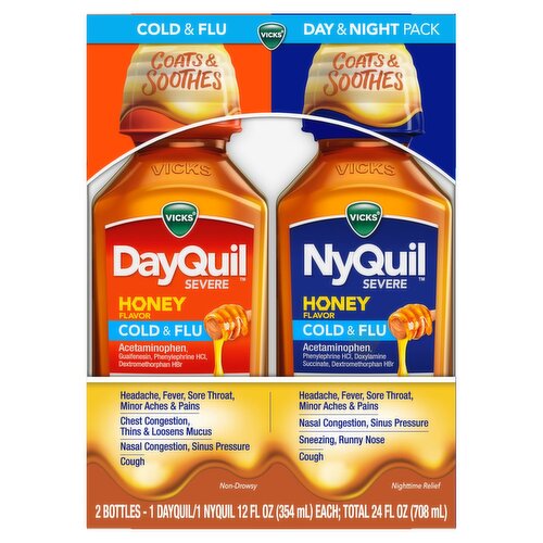 Vicks DayQuil & NyQuil Severe Max Strength Honey Cold & Flu Liquid, 12 fl oz, 2 count