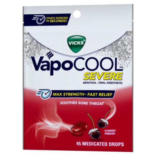 Vicks VapoCool Cherry Freeze Severe Soothes Sore Throat Medicated Drops, 45 count