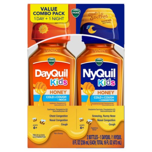 Vicks DayQuil & NyQuil Kids Honey Cold & Cough Liquid Value Combo Pack, Ages 6+, 8 fl oz, 2 count