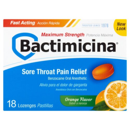 Bactimicina Orange Flavor Sore Throat Pain Relief Lozenges, 18 count