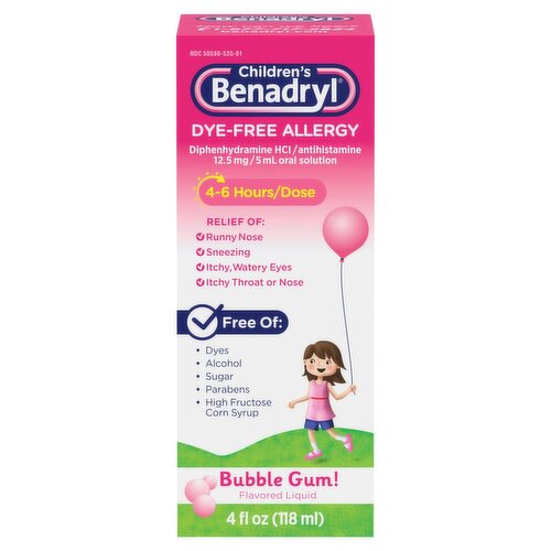 Benadryl Children's Dye-Free Allergy Bubble Gum! Flavored Liquid, 4 fl oz