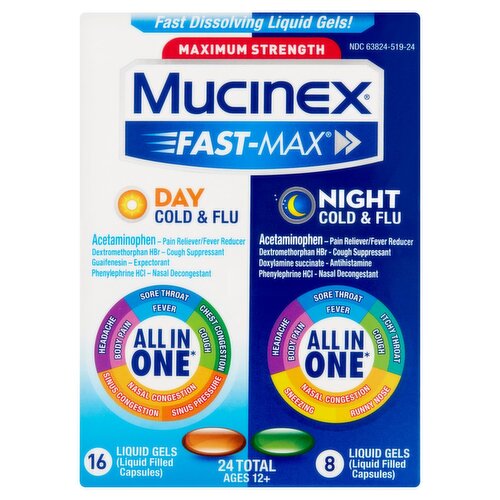 Mucinex Fast-Max Maximum Strength Day & Night Cold & Flu Liquid Gels Value Pack, Ages 12+, 24 count