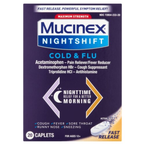Mucinex Fast Max Maximum Strength Night Time Cold & Flu Caplets, Ages 12+, 20 count