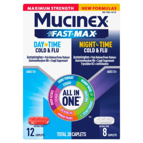 Mucinex Fast Max Maximum Strength Day Time & Night Time Cold & Flu Caplets, Ages 12+, 20 count