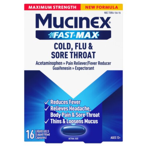 Mucinex Fast Max Maximum Strength Cold, Flu & Sore Throat Liquid Gels, Ages 12+, 16 count