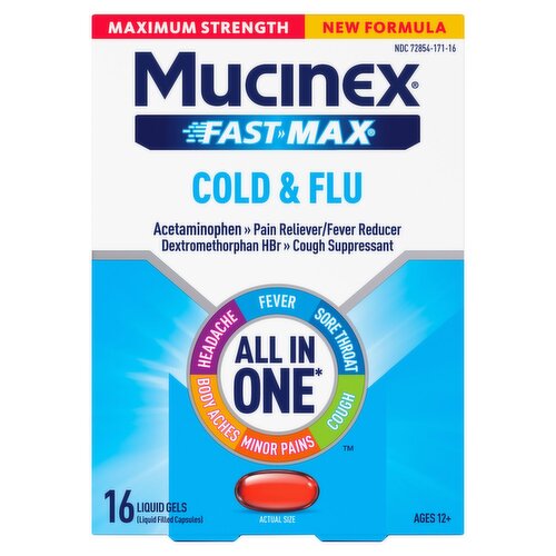 Mucinex Fast Max Maximum Strength Cold & Flu Liquid Gels, Ages 12+, 16 count