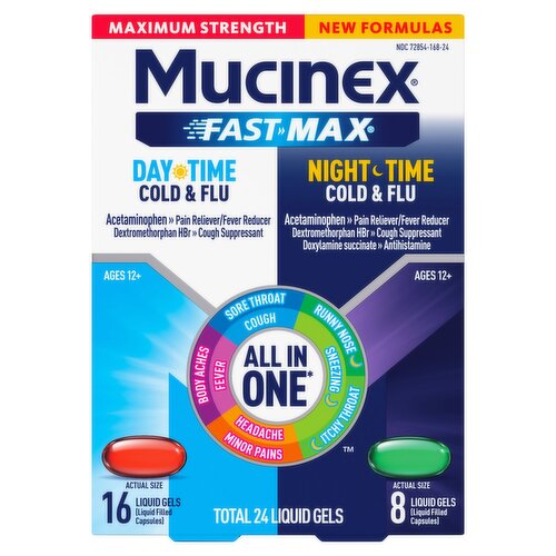 Mucinex Fast-Max Maximum Strength Day & Night Cold & Flu Liquid Gels, Ages 12+, 24 count
