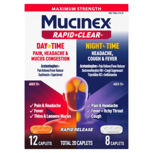 Mucinex Rapid+Clear Pain, Headache & Mucus Congestion Cough & Fever Caplets, Ages 12+, 20 count