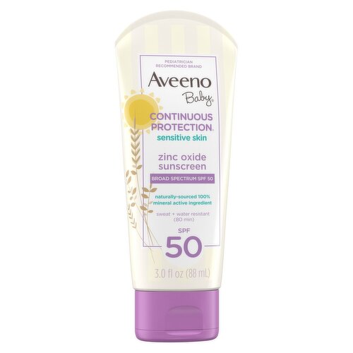 Aveeno Baby Continuous Protection Sensitive Skin Lotion Zinc Oxide Sunscreen SPF 50, 3.0 fl oz