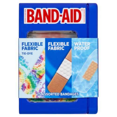 Band-Aid Flexible Fabric Tie-Dye, Flexible Fabric, Water Proof Adhesive Bandages, 75 Count