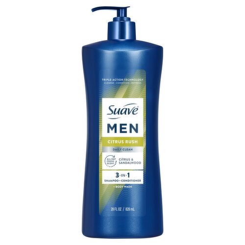 Suave Men Citrus Rush Daily Clean 3-in-1 Shampoo + Conditioner + Body Wash, 28 fl oz