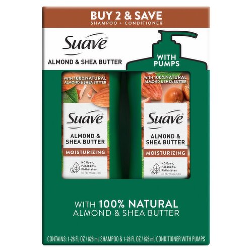 Suave Almond & Shea Butter Shampoo + Conditioner with Pumps, 28 fl oz, 2 count