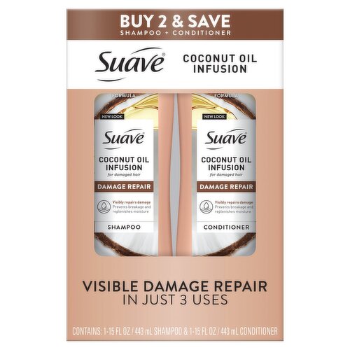Suave Coconut Oil Infusion Shampoo + Conditioner, 15 fl oz, 2 count