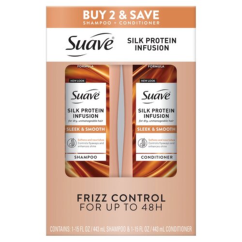 Suave Silk Protein Infusion Shampoo + Conditioner, 15 fl oz, 2 count
