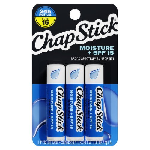 ChapStick Moisture Broad Spectrum Lip Protectant + Sunscreen, + SPF 15, 0.15 oz, 3 Count