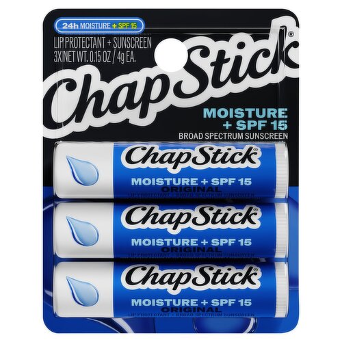 ChapStick Original Moisture Lip Protectant + Broad Spectrum Sunscreen, SPF 15, 0.15 oz, 3 count