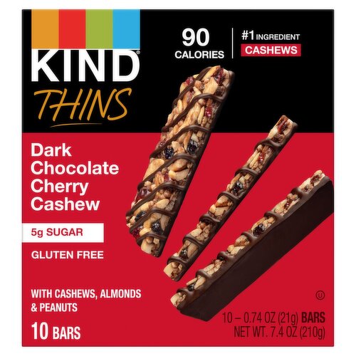 Kind Thins Dark Chocolate Cherry Cashew Bars, 0.74 oz, 10 count