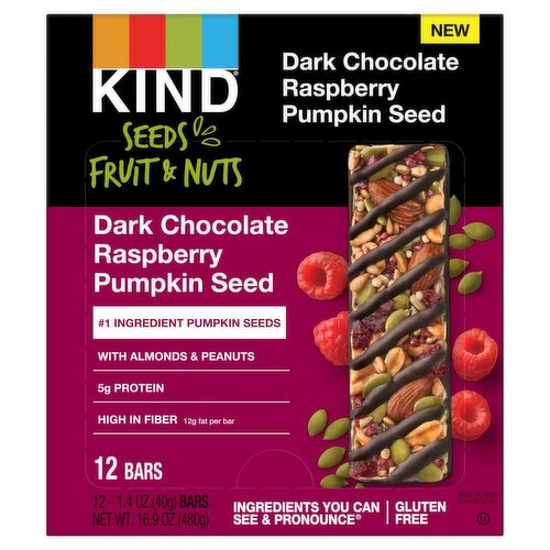 Kind Seeds Fruit & Nuts Dark Chocolate Raspberry Pumpkin Seed Bars, 1.4 oz, 12 count