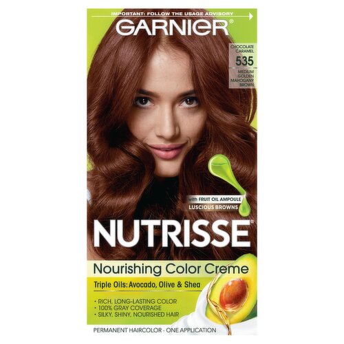 Garnier Nutrisse Chocolate Caramel 535 Medium Golden Mahogany Brown Haircolor, one application