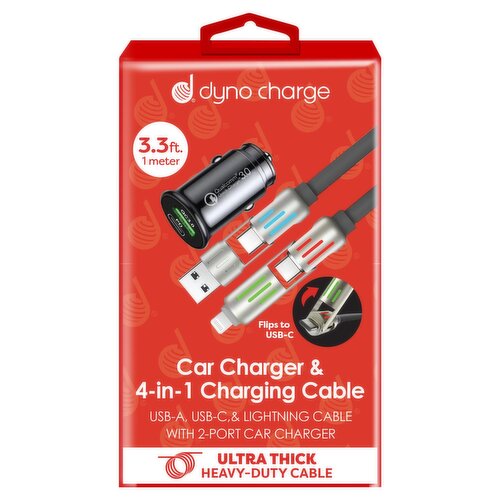 Dyno Charge 3.3 ft. Ultra Thick Car Charger & 4-in-1 Charging Cable