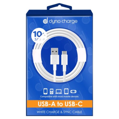 Dyno Charge 10 ft. USB-A to USB-C White Charge & Sync Cable