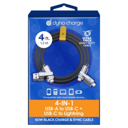 Dyno Charge 4 ft. 4-in-1 USB-A to USB-C + USB-C to Lightning 60W Black Charge & Sync Cable