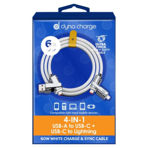 Dyno Charge 6 ft. 4-in-1 USB-A to USB-C + USB-C to Lightning 60W White Charge & Sync Cable