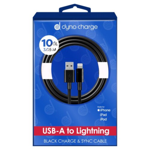 Dyno Charge 10 ft. USB-A to Lightning Black Charge & Sync Cable