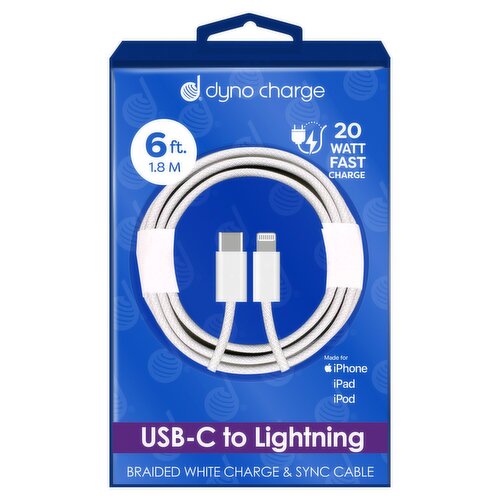 Dyno Charge 6 ft. USB-C to Lightning Braided White Charge & Sync Cable