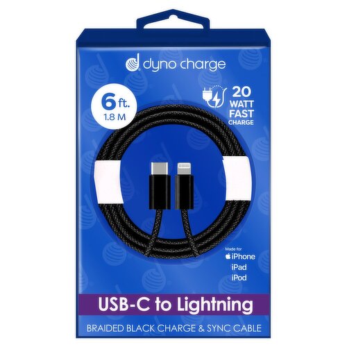 Dyno Charge 6 ft. USB-C to Lightning Braided Black Charge & Sync Cable