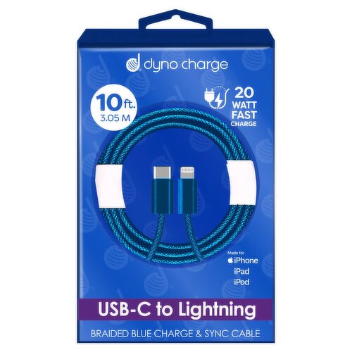 Dyno Charge 10 ft. USB-C to Lightning Braided Blue Charge & Sync Cable