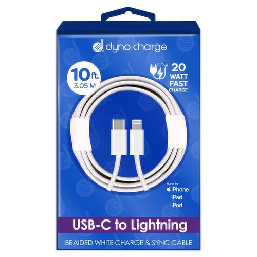 Dyno Charge 10 ft. USB-C To Lightning Braided White Charge & Sync Cable