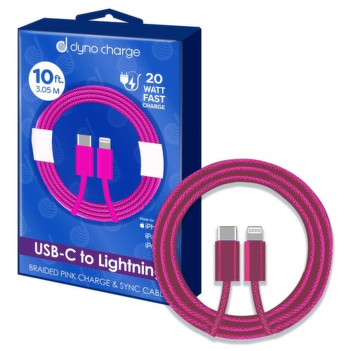 Dyno Charge 10ft. USB-C To Lightning Braided Pink Charge & Sync Cable