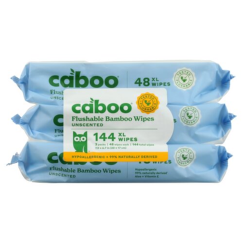 Caboo Unscented Flushable Bamboo Wipes, Size XL, 48 count, 3 pack