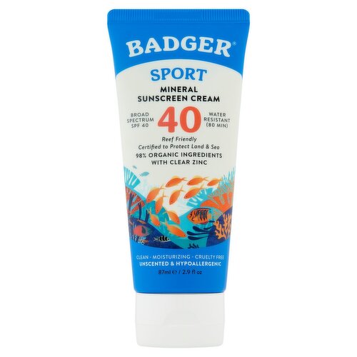 Badger Sport Unscented & Hypoallergenic Mineral Sunscreen Cream, SPF 40, 2.9 fl oz
