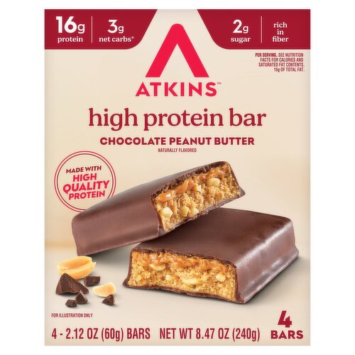 Atkins Chocolate Peanut Butter High Protein Bar, 2.12 oz, 4 Count