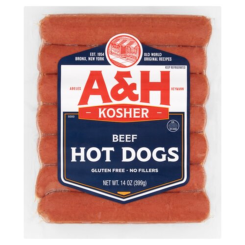 A&H Kosher Beef Hot Dogs, 14 oz