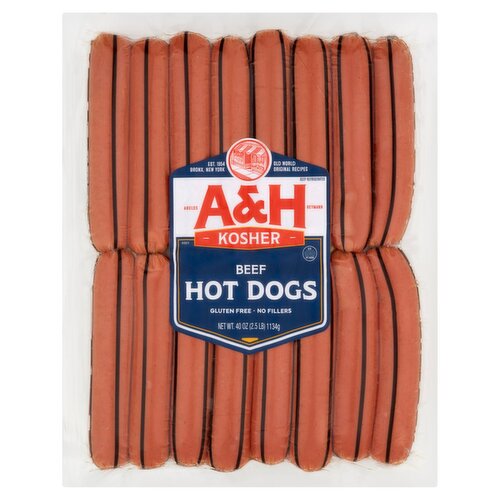 A&H Kosher Beef Hot Dogs, 16 count, 40 oz