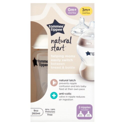 Tommee Tippee Natural Start 9 fl oz Slow Flow/Med Flow Baby Bottle, 0m+/3m+