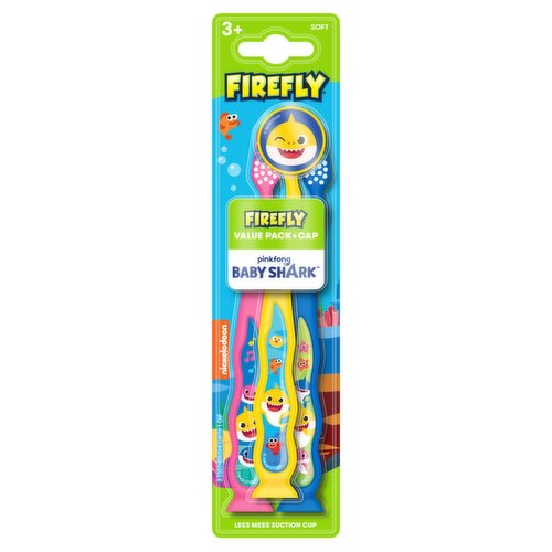 Firefly Pinkfong Baby Shark Soft Toothbrushes with Cap Value Pack, 3+, 3 count